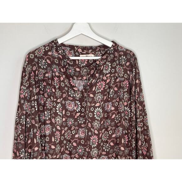 Natural Life Floral Long Sleeve V-Neck Boho Mini Tunic Dress  Brown Womens Large - Picture 2 of 9